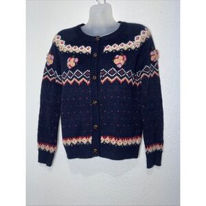 Mak B~Women's Blue Knit Cardigan Sweater~W/detailed Floral embroidery ~Size S